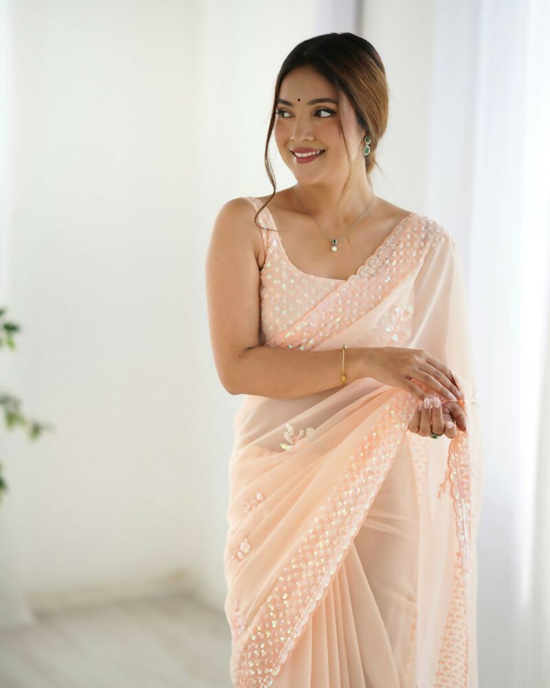 Attractive Looking Georgette Thread, Sequance Embroidery Work Party Wear Saree - Peach | Grocsy