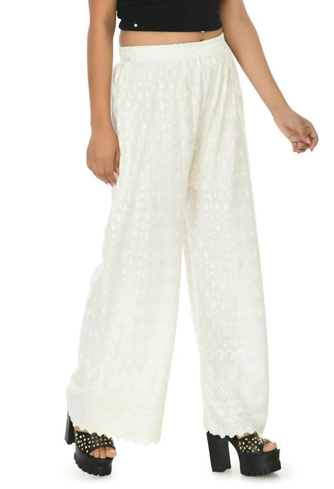 Mominos Fashion Moeza Reyon Cotton Off White Color Chikan Work Palazzo | Grocsy