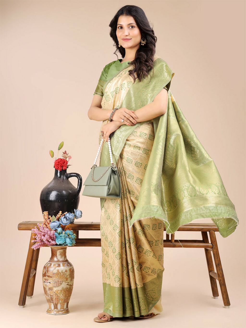 Shree Shyam Fashion Aura Silk Cream Light Green Banarasi Silk Saree | Grocsy
