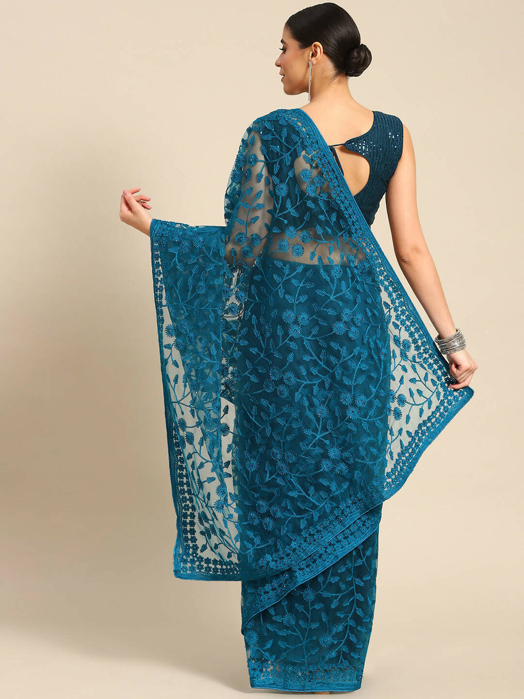 Blue Woven Design Net Saree with Blouse Piece - Kalamkari | Grocsy
