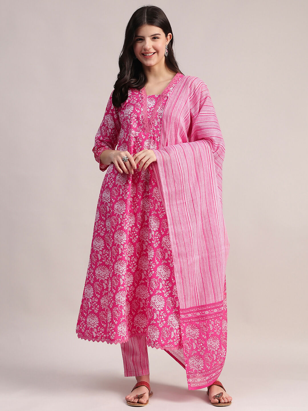 Aavyora Women's Pink Floral Print Cotton A-Line Kurta with Striped Trouser & Dupatta | Grocsy