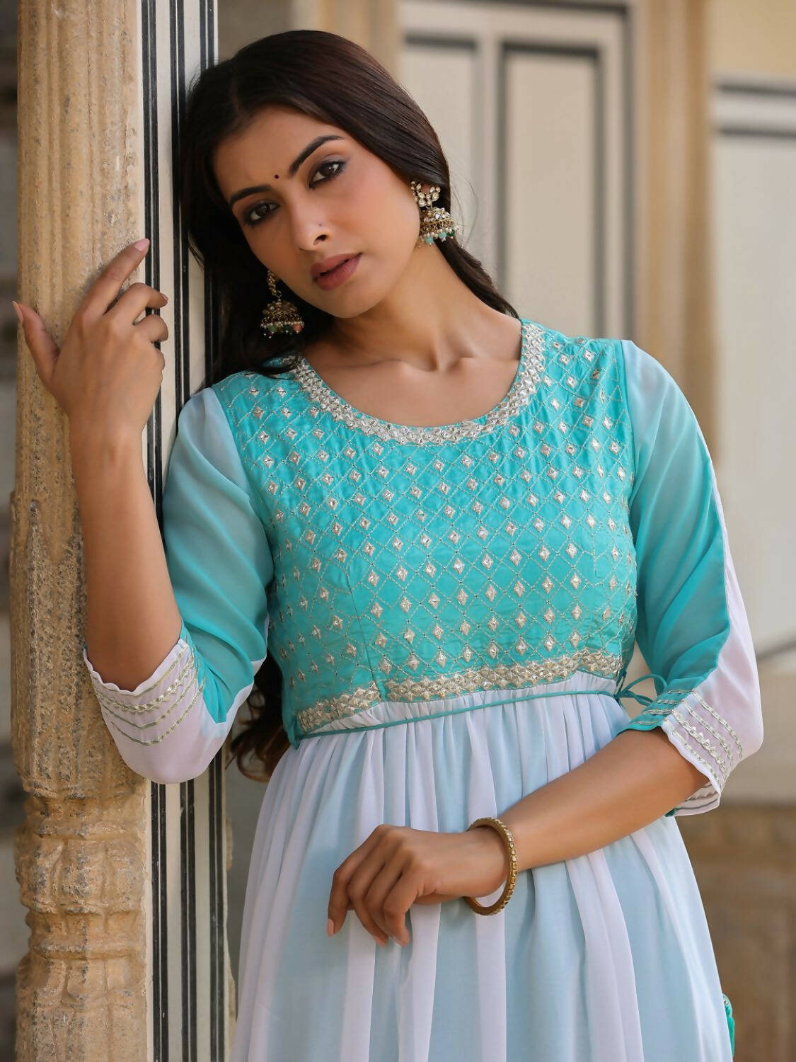 Juniper Women Teal Georgette Embroidered Maxi Dress | Grocsy