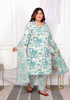 Miravan Women's Plus Size Cotton Light Green Scenic Birds And Leaf Floral Printed Straight Pakistani Style Suit Set | Grocsy