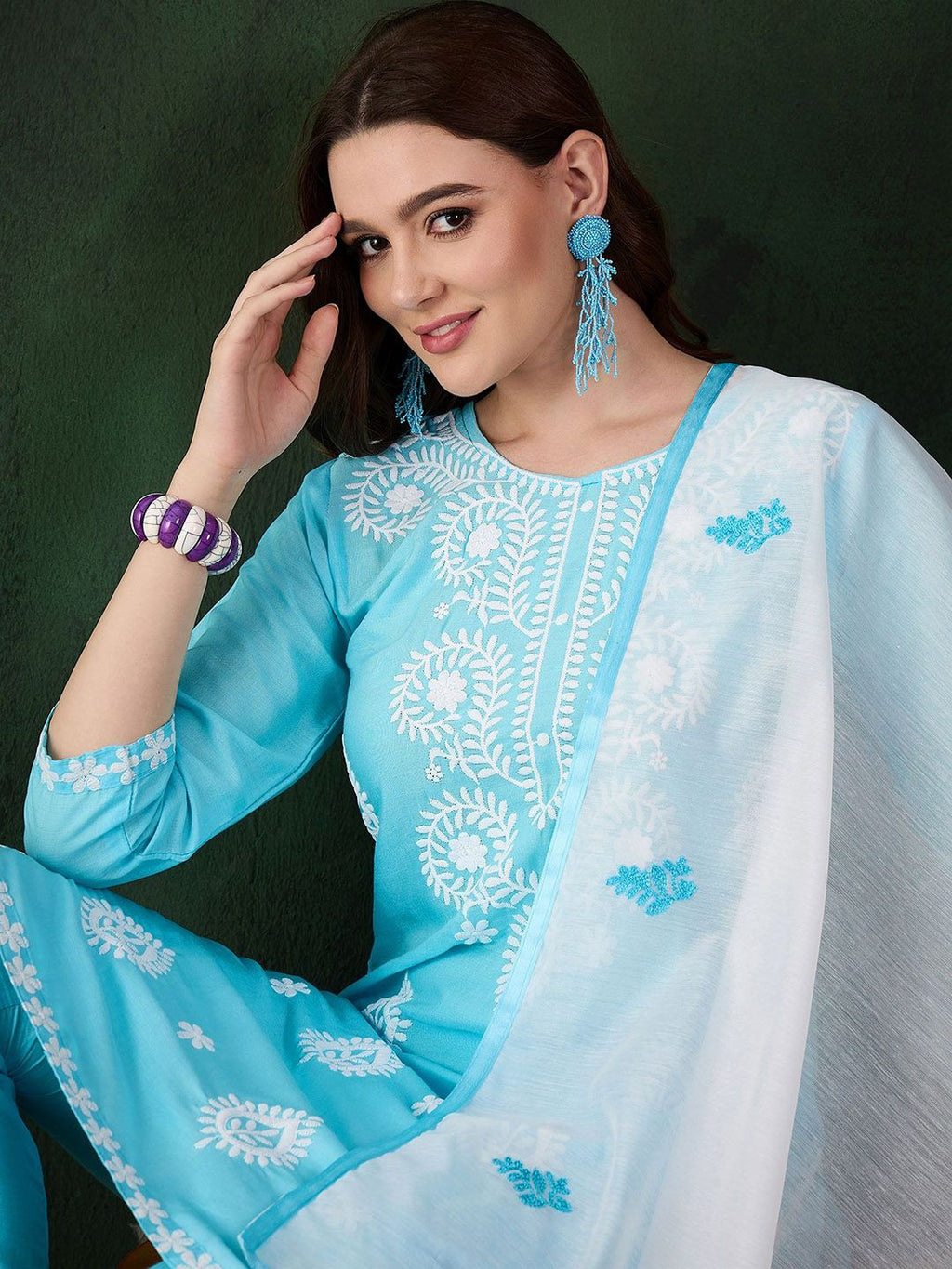 Sangria Blue and White Ethnic Motifs Embroidered Thread Work Pure Cotton Kurta Set | Grocsy