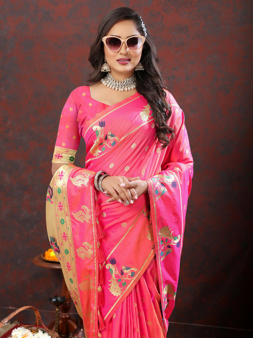 Lorenvalley Fashion Pink Soft Paithani Silk Woven Design Gold Zari Meenakari Weaving Saree | Grocsy