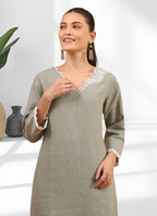 Joban Fashion Gray Linen Embroidered Readymade Long Kurta With Pant | Grocsy