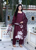 Miravan Women's Wine Pintucks Cotton Floral Elegant Straight Kurta and Palazzo with Dupatta Set | Grocsy