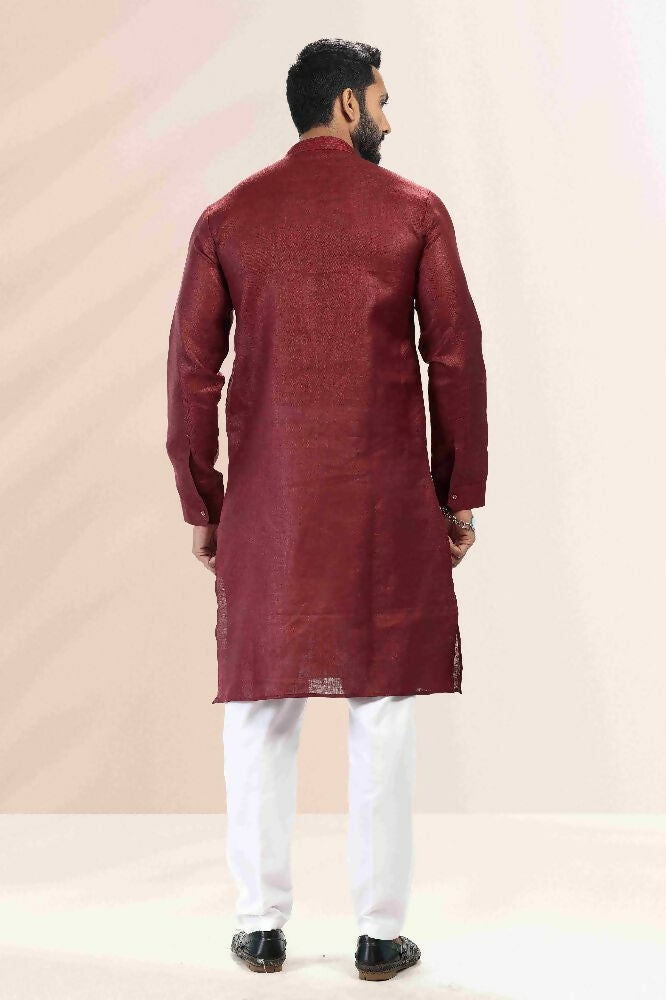 Raivat Ethnic Linen Cotton Pintux Work Kurta Pajama In Maroon Colour | Grocsy