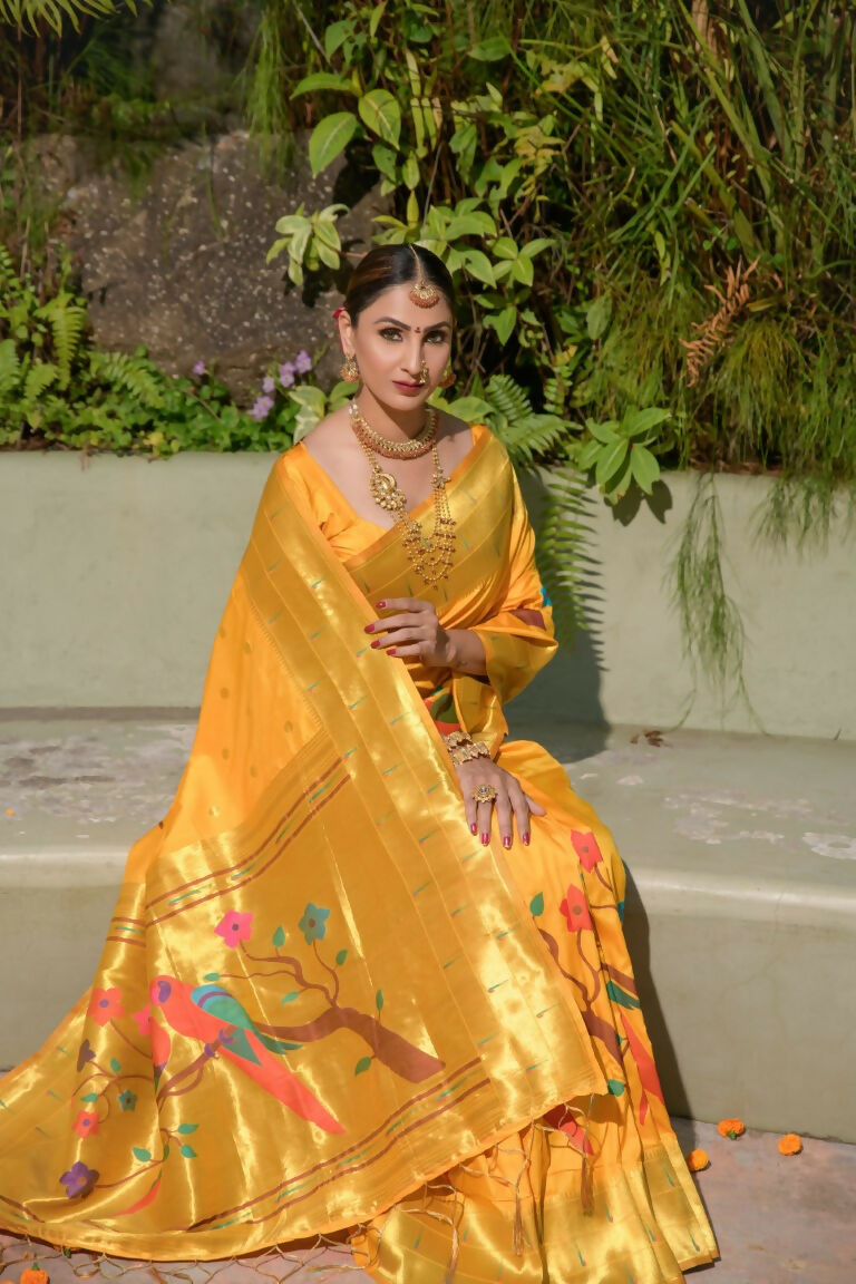 Jyoti Fashion Women's Yellow Paithani Silk Zari Woven Saree with Blouse | Grocsy