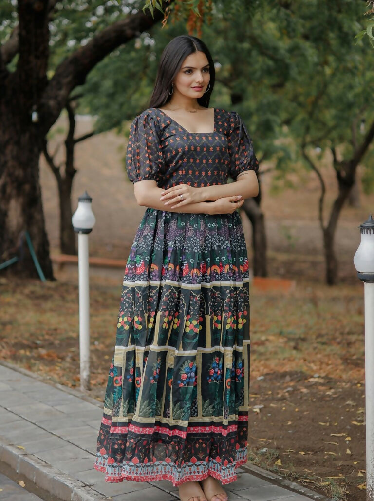 Jyoti Fashion Women's Black Heavy Digital Printed Pure Chanderi Anarkali Dress | Grocsy