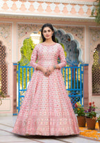 Functional Designer Off White-Light Pink Dola Silk Anarkali suit with Dupatta - Ramya | Grocsy