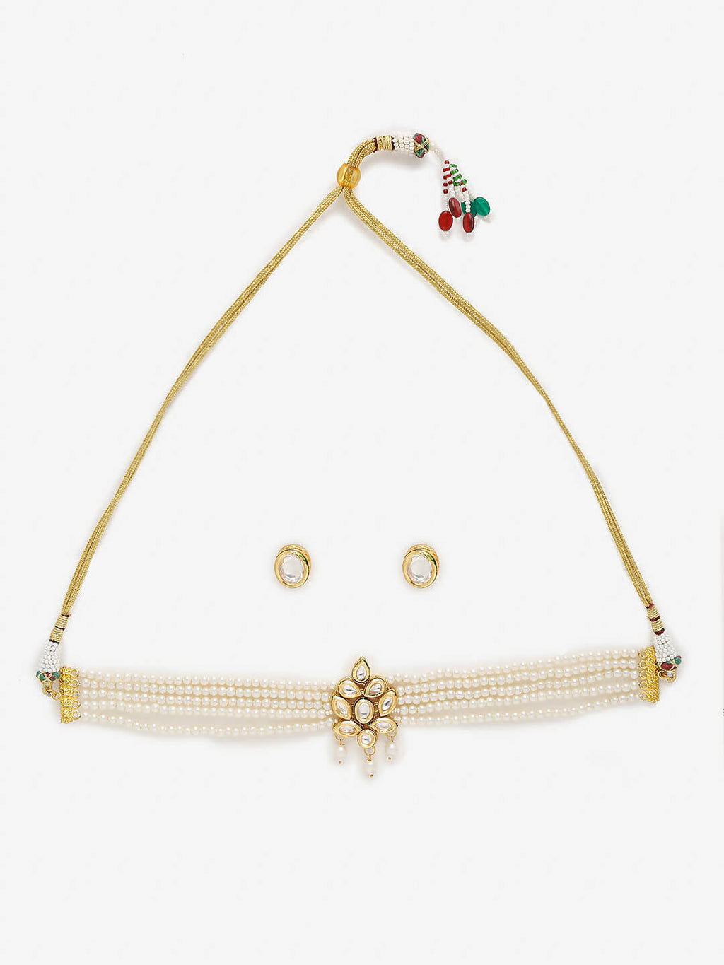 Gold-Polished White Pearl Kundan Choker With Studs - Ruby Raang | Grocsy