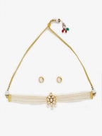 Gold-Polished White Pearl Kundan Choker With Studs - Ruby Raang | Grocsy