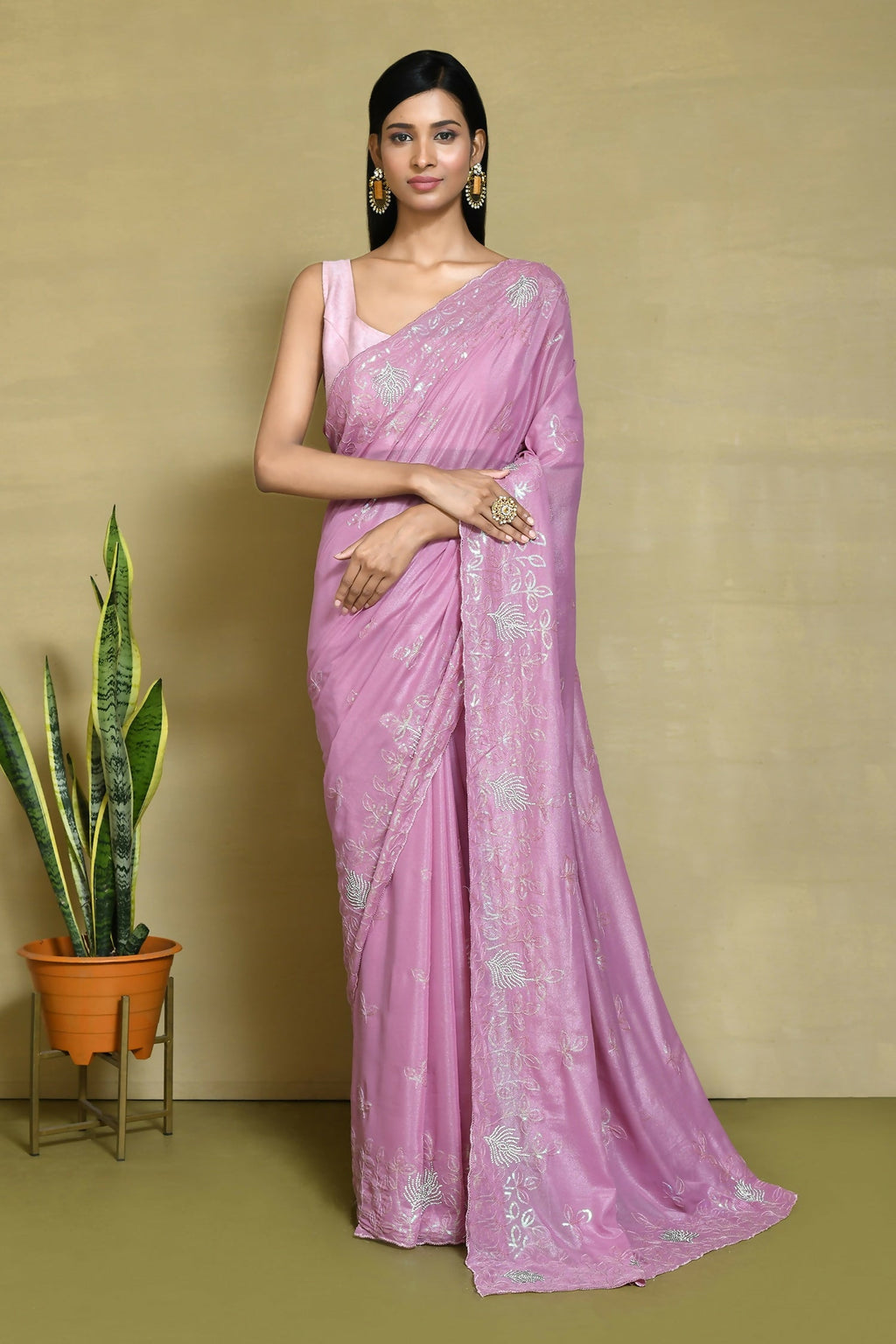 Pink Crepe Silk Sequence Embroidered with Stone work Saree - Nimaya Benzy | Grocsy