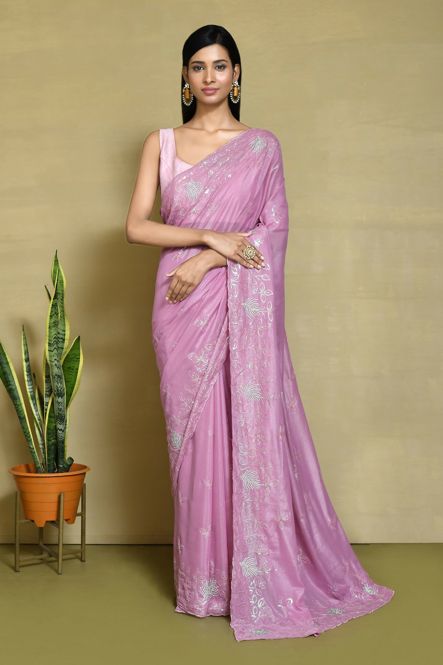 Pink Crepe Silk Sequence Embroidered with Stone work Saree - Nimaya Benzy | Grocsy