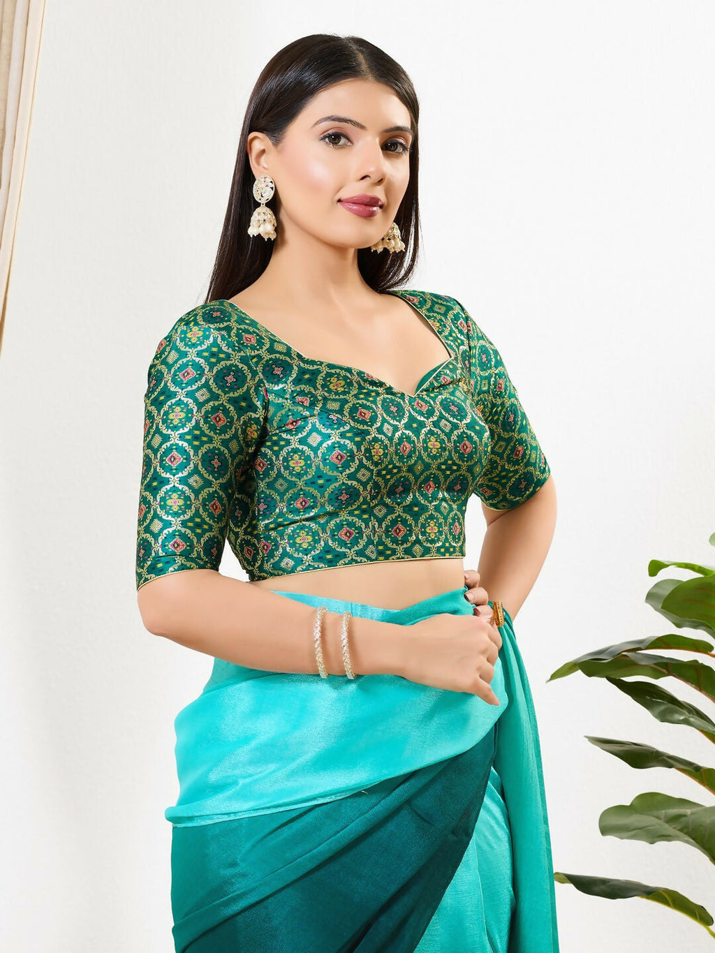 Joban Fashion Rama Green Brocade Padded Blouse With Sweetheart Neck Elbow Sleeves | Grocsy