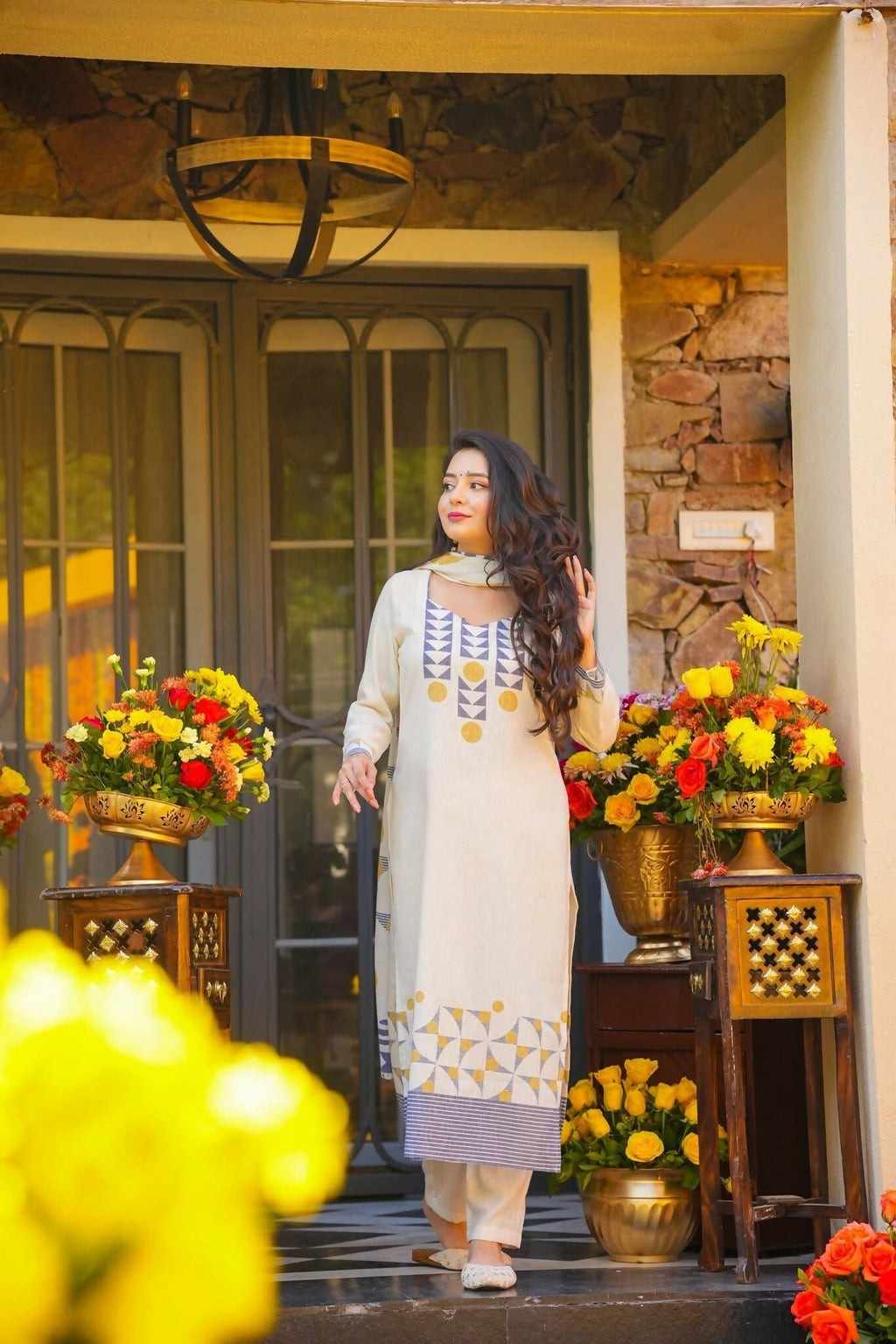 The52 Women's Gorgeous Printed Work Muslin Fabric Straight Kurta Pant and Dupatta Set | Grocsy