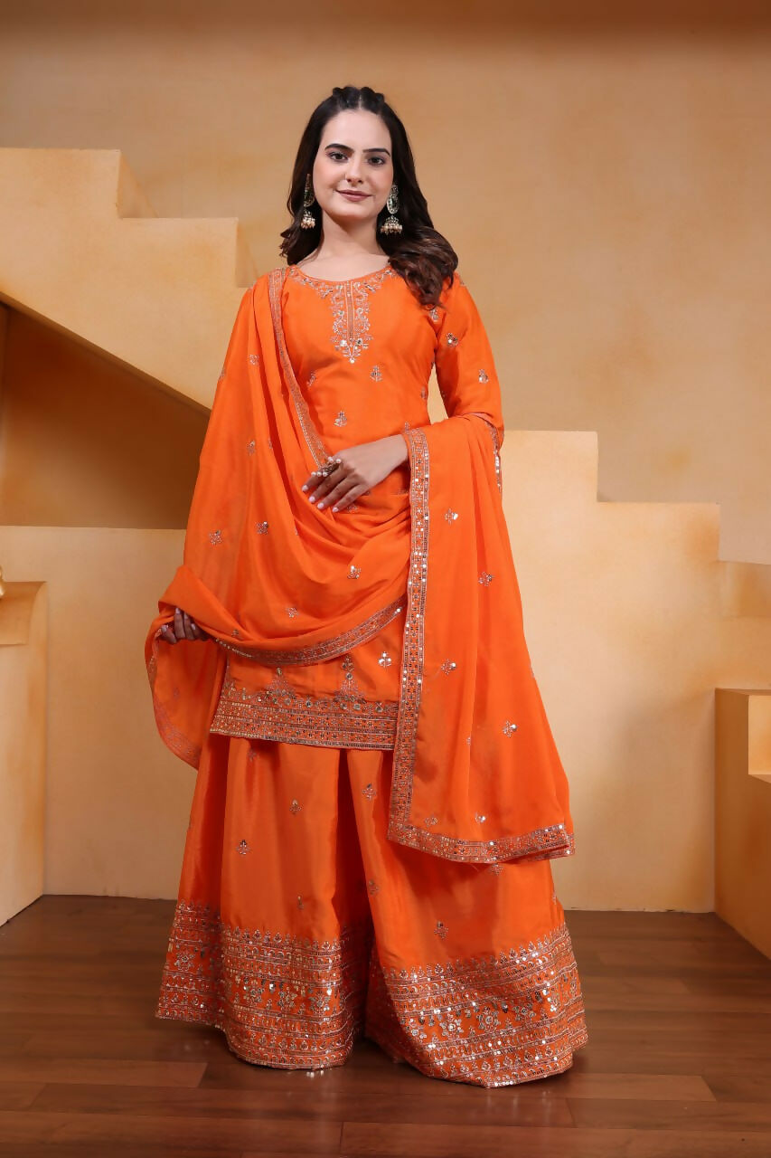 Teeya Creation Orange Color Chinon Silk Wedding Wear Trending Palazzo Set | Grocsy