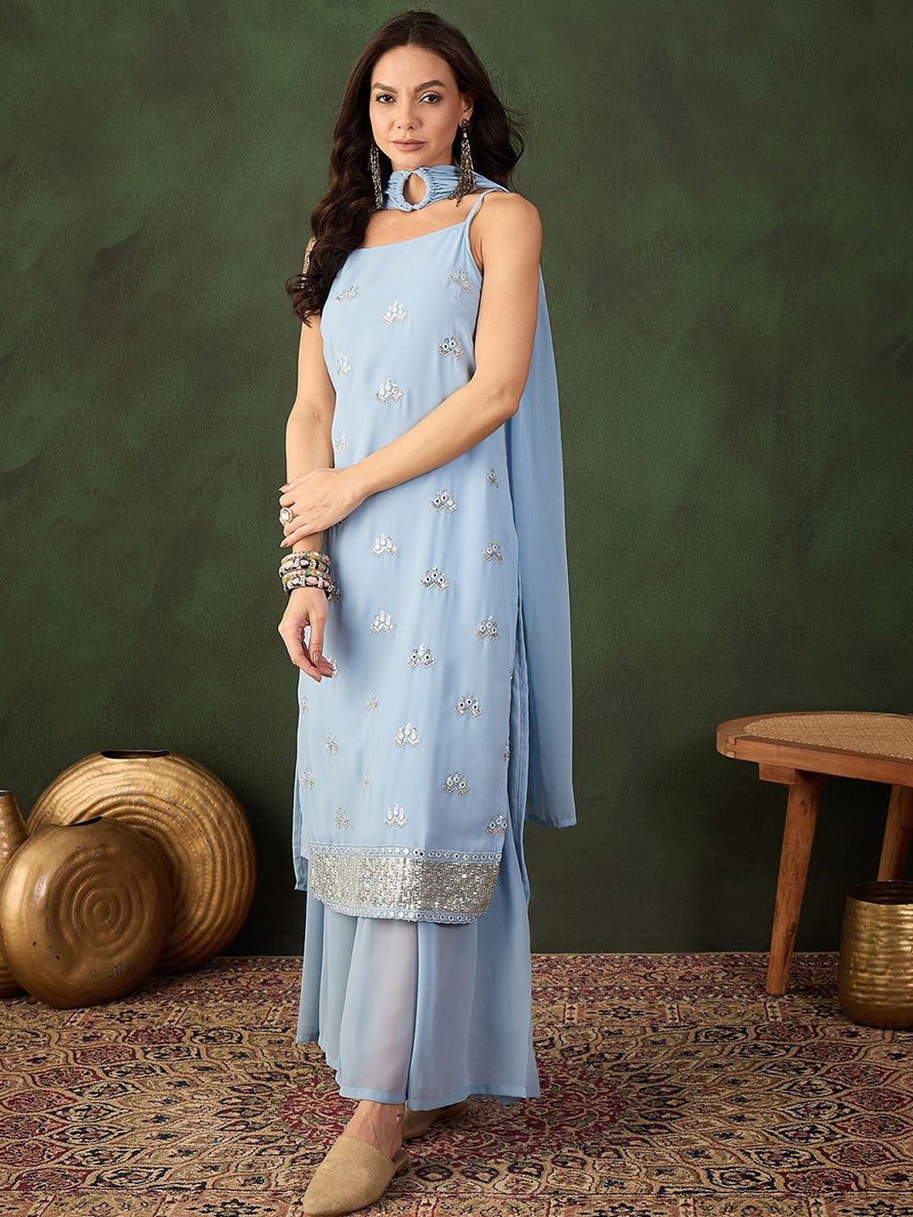 Sangria Sequined Straight Kurta & Sharara With Dupatta | Grocsy