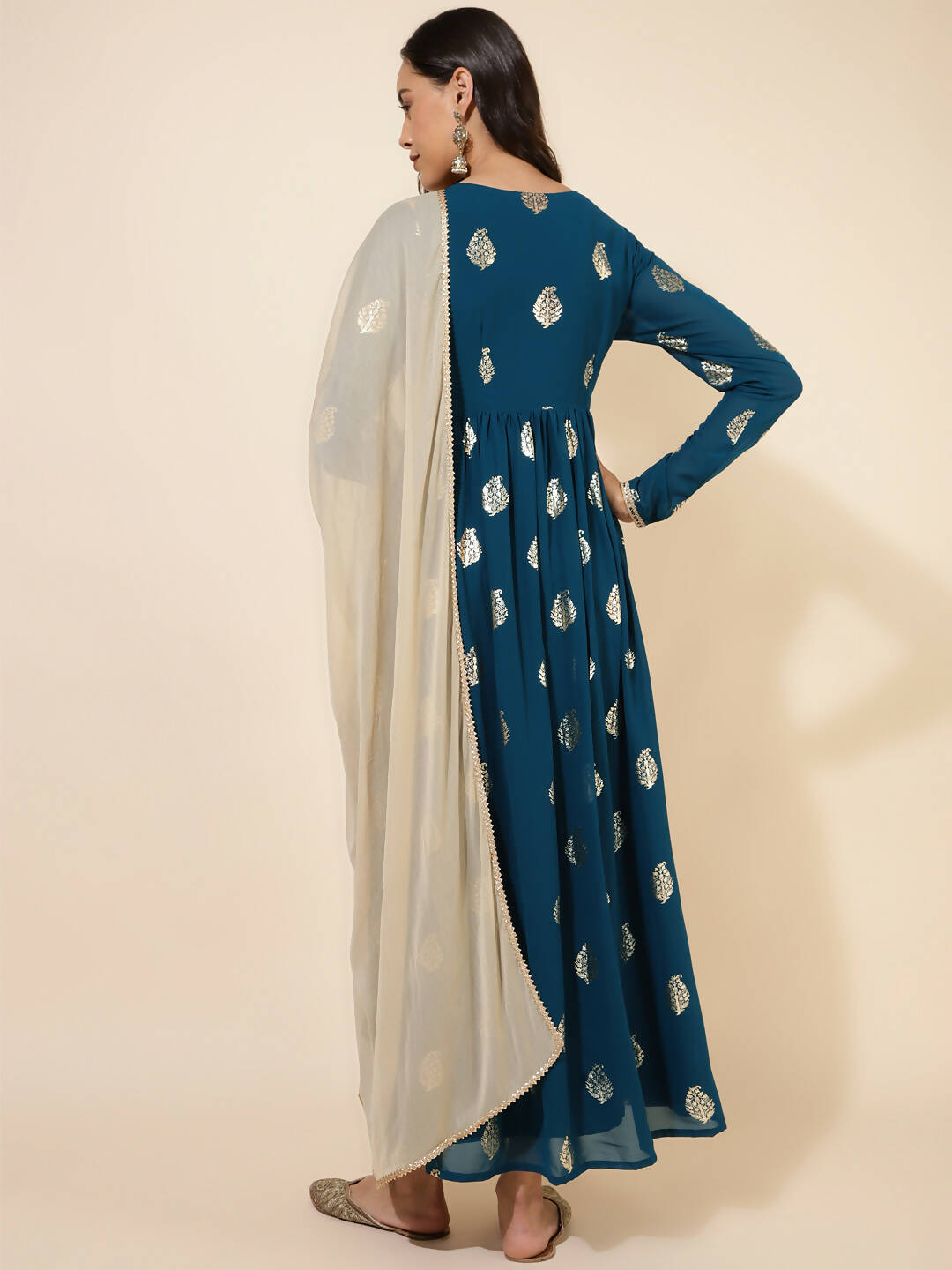 Janasya Women's Teal Blue Georgette Foil Printed Festive Flared Kurta Set | Grocsy