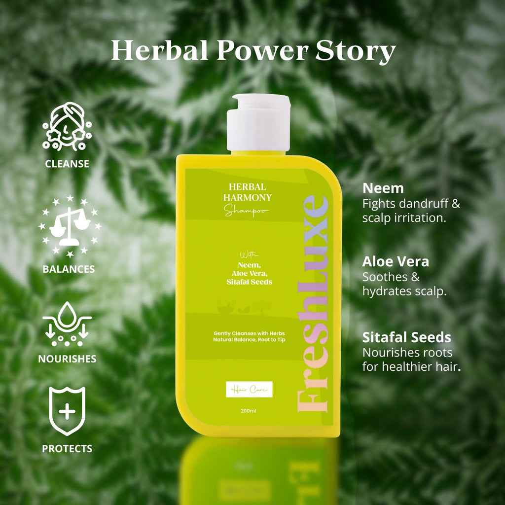 FreshLuxe Herbal Harmony Shampoo Anti-Dandruff Hair Cleanser with Aloe Vera, Neem & Sitafal | Grocsy