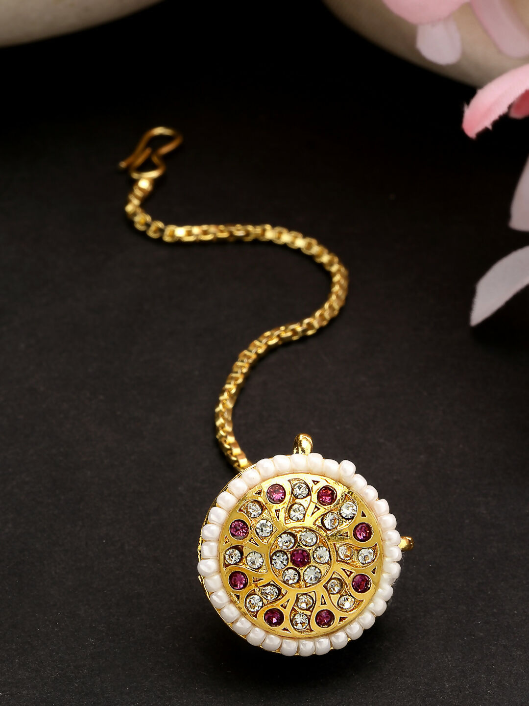 NVR Women's Gold-Polished CZ Stone-Studded Borla Maang Tikka | Grocsy