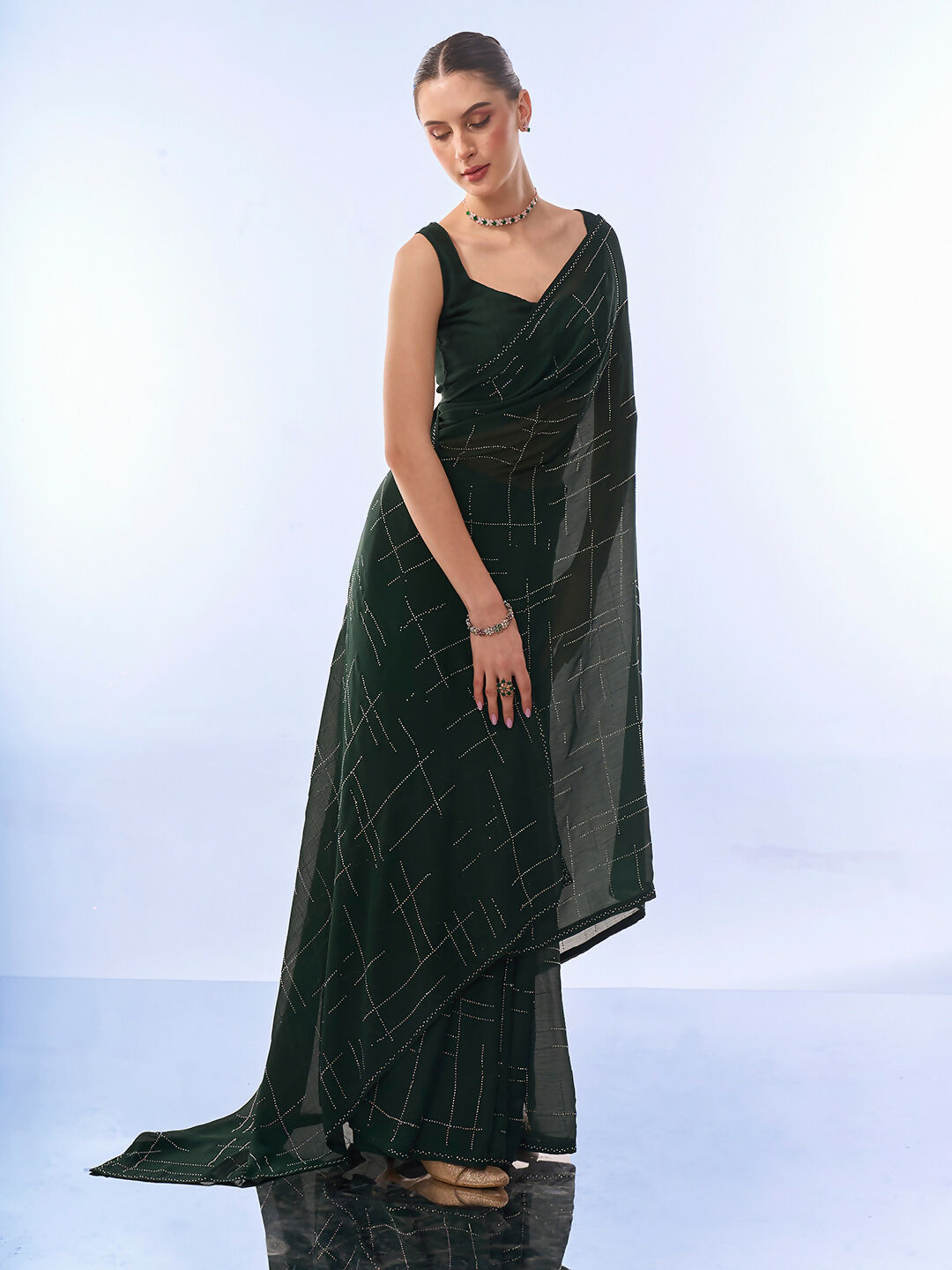 Green Satin Chiffon Designer Work Lace Border & Swarovski Work Saree - Orchid | Grocsy