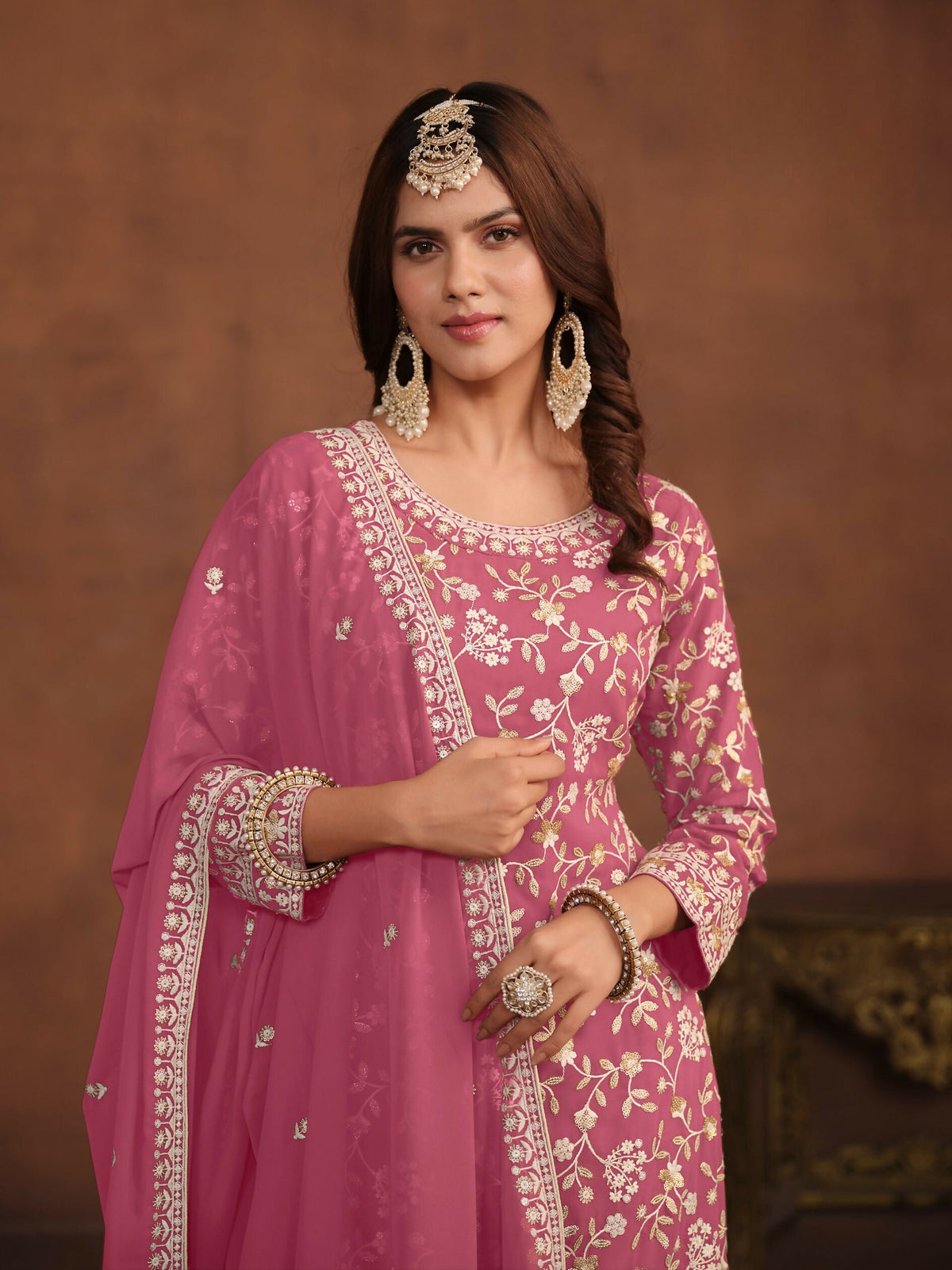 Anaita Pink Embroidered Faux Georgette Salwar Suit | Grocsy
