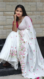 Exclusive Collection White Pure Cotton Handloom Embroidered Saree | Grocsy