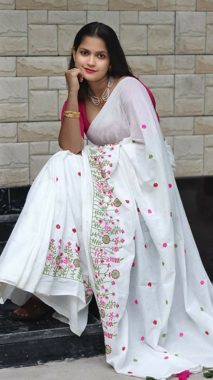 Exclusive Collection White Pure Cotton Handloom Embroidered Saree | Grocsy