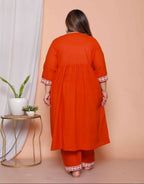 Miravan Womens Plus Size Floral Embroidered Rust Straight Cotton Kurta & Palazzo With Dupatta Set | Grocsy