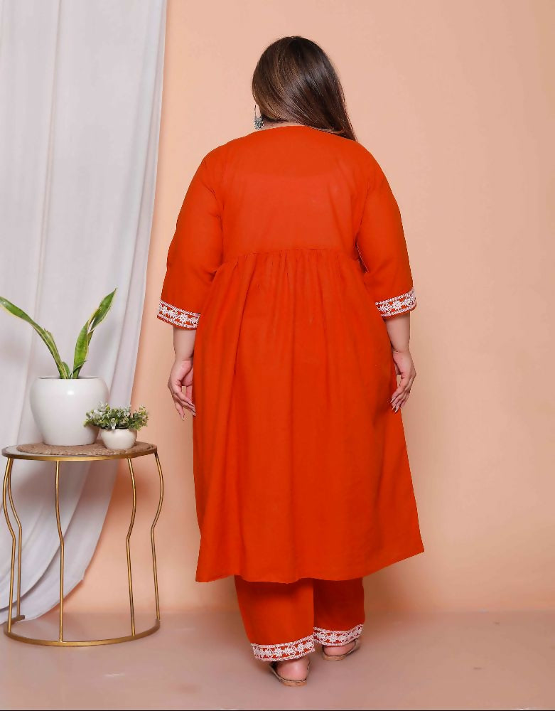 Miravan Womens Plus Size Floral Embroidered Rust Straight Cotton Kurta & Palazzo With Dupatta Set | Grocsy