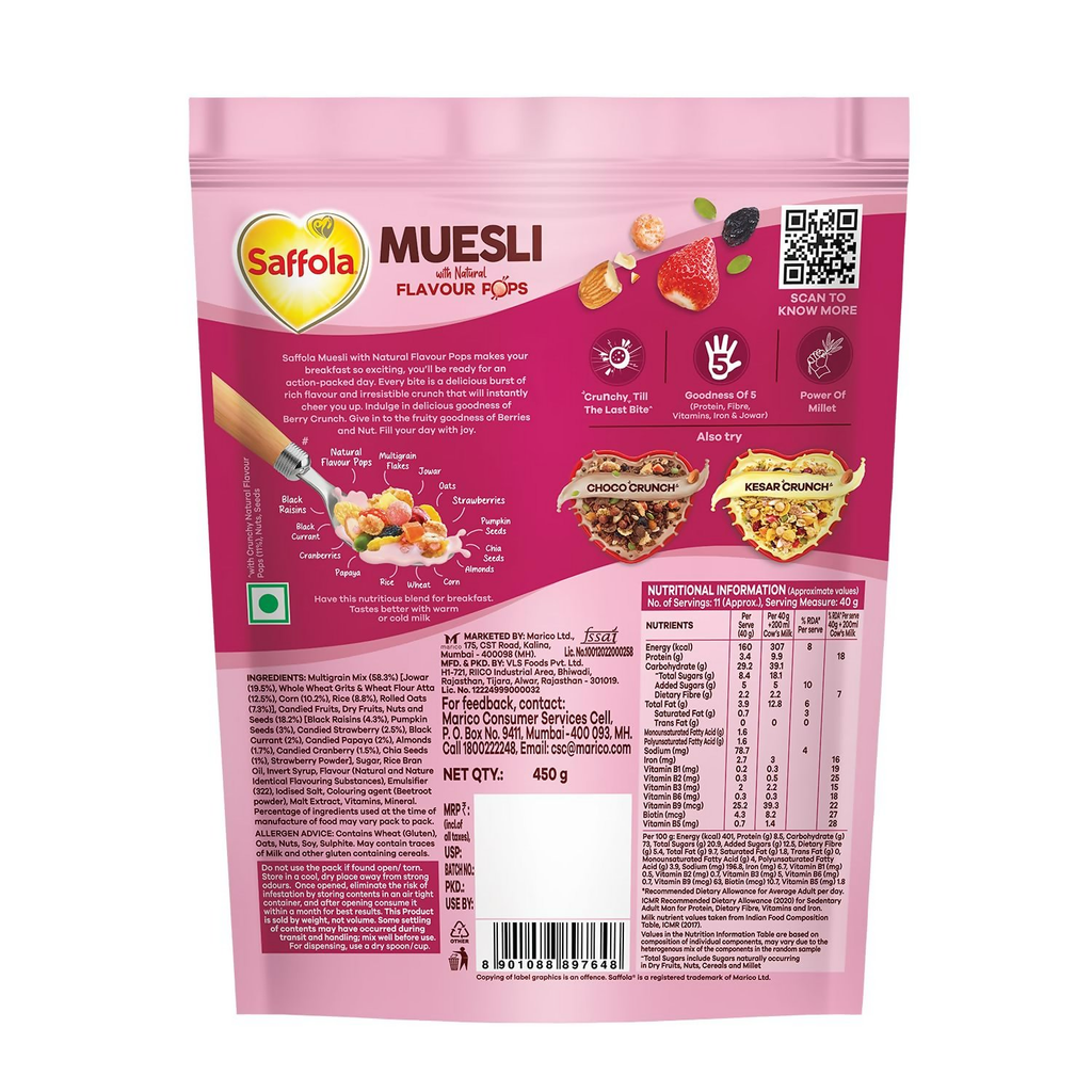 Saffola Muesli Fruit & Nut Berry Crunch with Flavour Pops | Grocsy