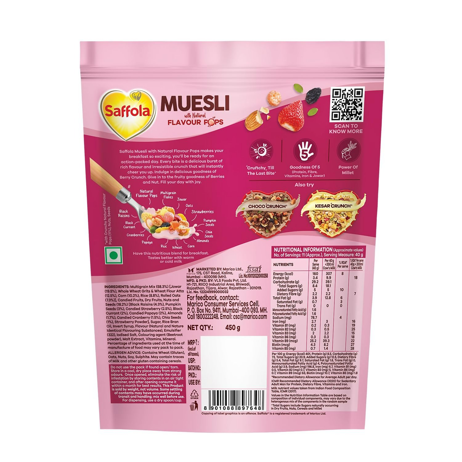 Saffola Muesli Fruit & Nut Berry Crunch with Flavour Pops | Grocsy