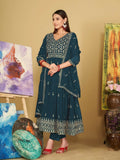Jyoti Fashion Women's Rama Georgette Embroidered Anarkali Kurta Pant Set With Dupatta | Grocsy