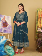 Jyoti Fashion Women's Rama Georgette Embroidered Anarkali Kurta Pant Set With Dupatta | Grocsy
