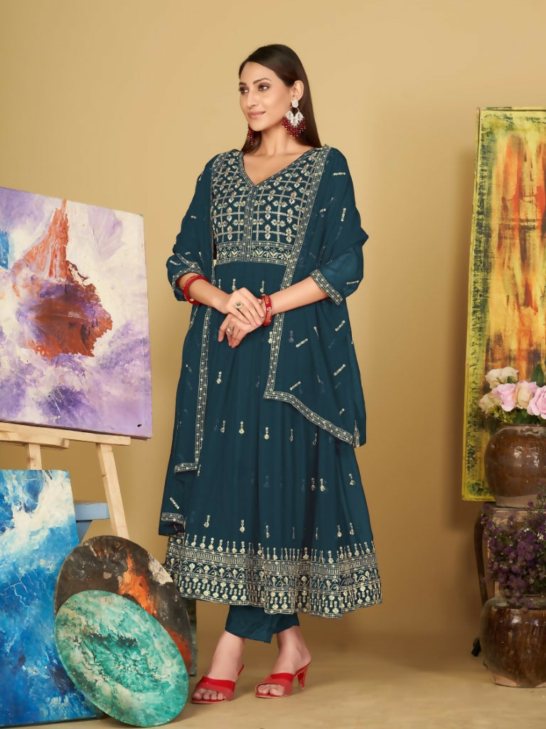 Jyoti Fashion Women's Rama Georgette Embroidered Anarkali Kurta Pant Set With Dupatta | Grocsy