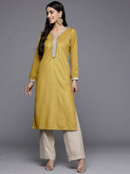 Ahalyaa Women Mustard Yellow & Golden Ethnic Motifs Yoke Design Velvet Kurta | Grocsy