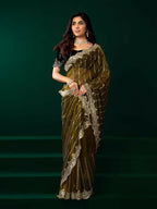 Joban Fashion Mehendi Green Net Party Wear Sarees | Grocsy