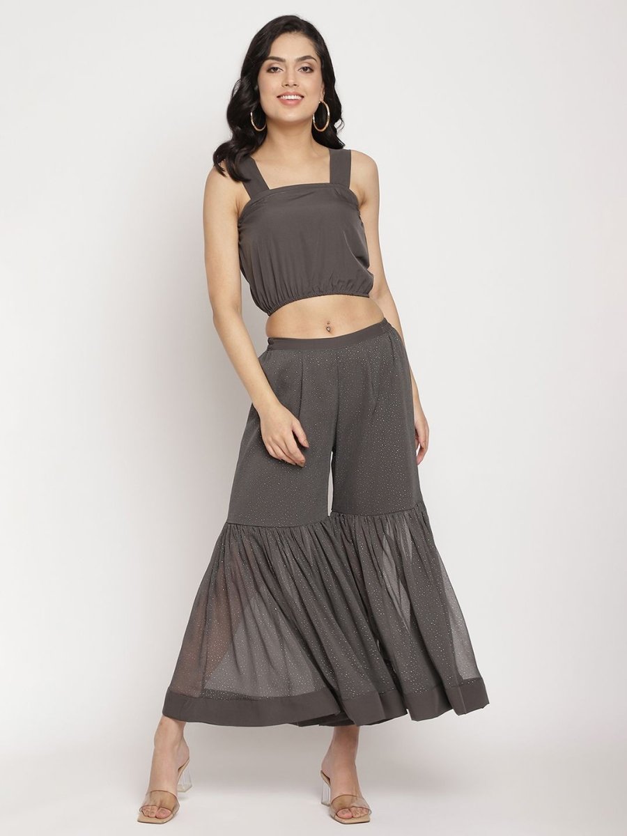 Ahalyaa Women Charcoal Grey Poly Chiffon Angrakha Kurta with Inner & Sharara | Grocsy