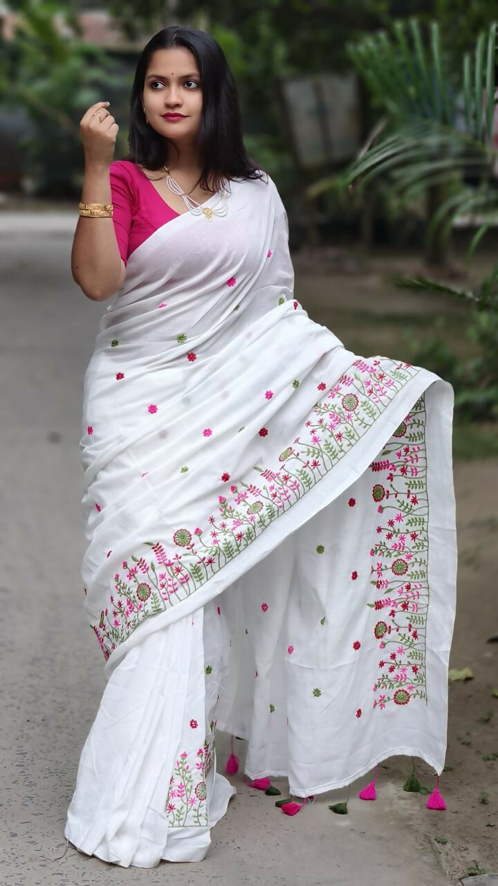 Exclusive Collection White Pure Cotton Handloom Embroidered Saree | Grocsy