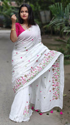 Exclusive Collection White Pure Cotton Handloom Embroidered Saree | Grocsy