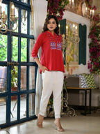 Juniper Women's Red Thread Embroidered Cotton Tunic With Mirror work & Buttons | Grocsy