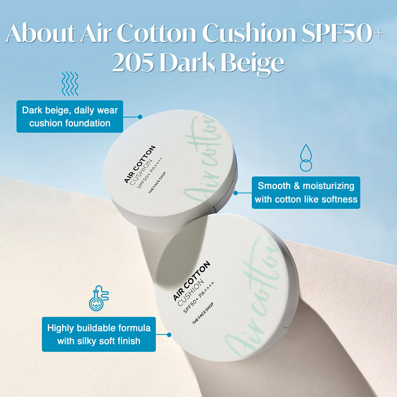 The Face Shop Air Cotton Cushion SPF 50+ PA++++ - 205 Dark Beige | Grocsy
