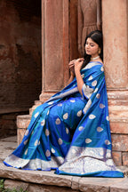 Joban Fashion Blue Banarasi Katan Pure Handloom Banarasi Silk Saree | Grocsy