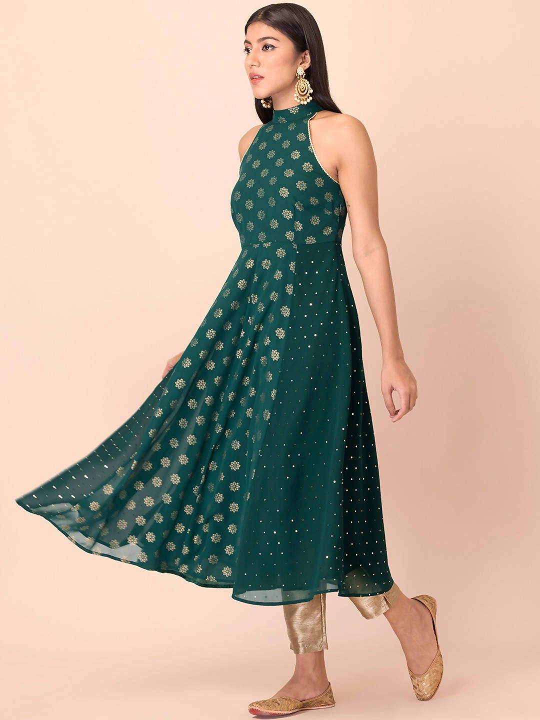 Indya Green Floral Printed Halter Neck Georgette Kurta With Zari Detail | Grocsy