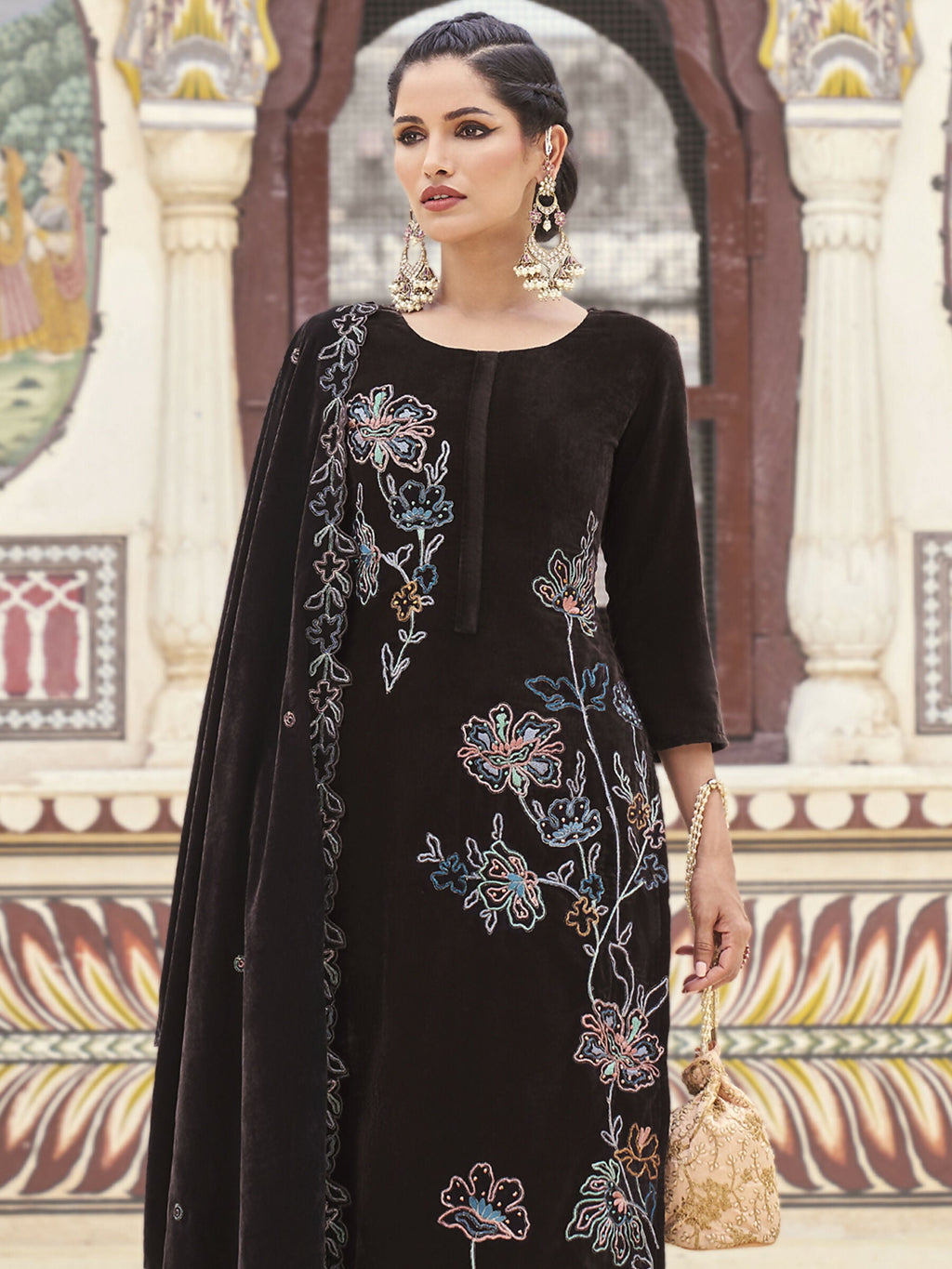 Jyoti Fashion Women's Brown Velvet Resham Thread with Jari & Sequin Kurta with Trouser & Dupatta | Grocsy