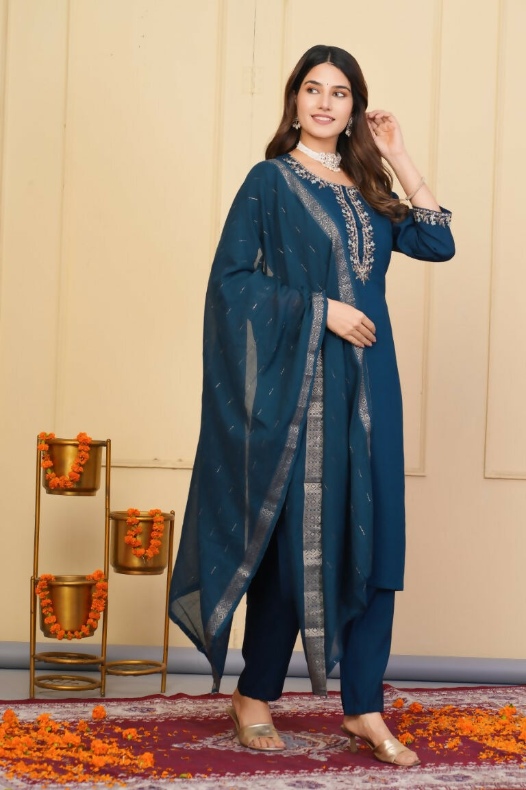 Blue Viscose Chanderi Embroidered Stitched Suit With Dupatta - Tanisha | Grocsy