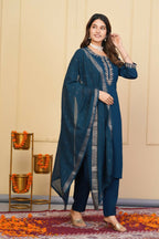 Blue Viscose Chanderi Embroidered Stitched Suit With Dupatta - Tanisha | Grocsy