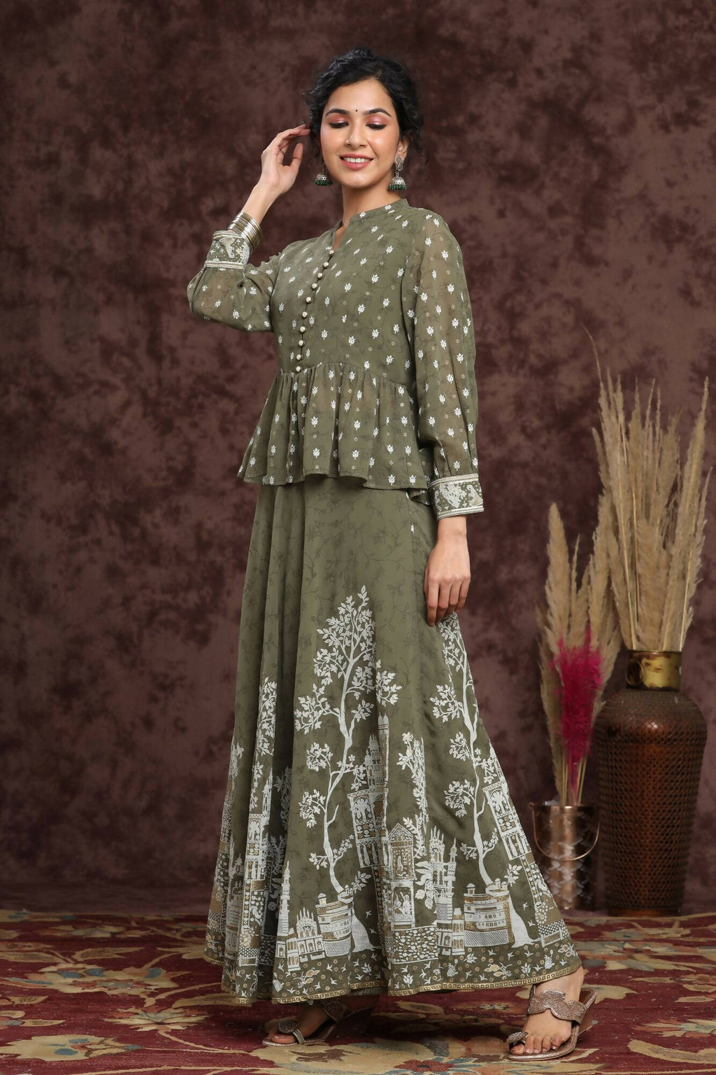 Juniper Women Olive Georgette Printed Flared Lehenga Choli Sets | Grocsy